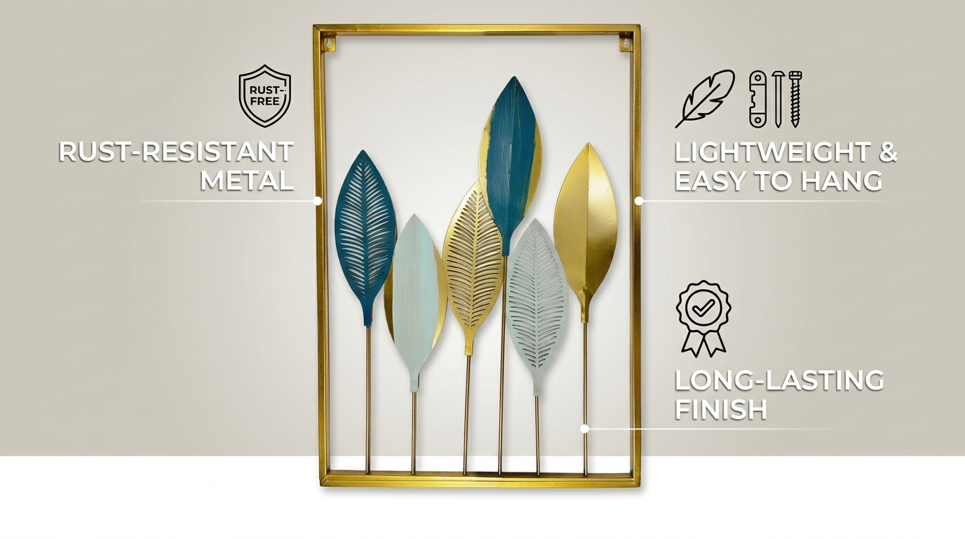 Modern Metal Leaf Wall Decor Frame – Premium Golden Wall Art (23.5 x 16 Inches) - Image 2