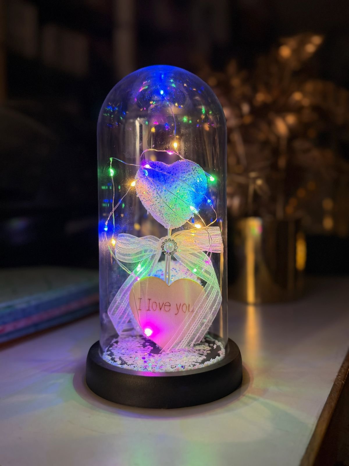 Romantic LED Glass Dome Rose Lamp with Fairy Lights & “I Love You” Heart – Decorative Gift for Valentine, Anniversary & Home Decor