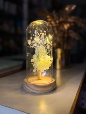 LED Glass Dome Flower Lamp with Warm Fairy Lights – Decorative Night Lamp with Wooden Base for Home Décor & Gifting