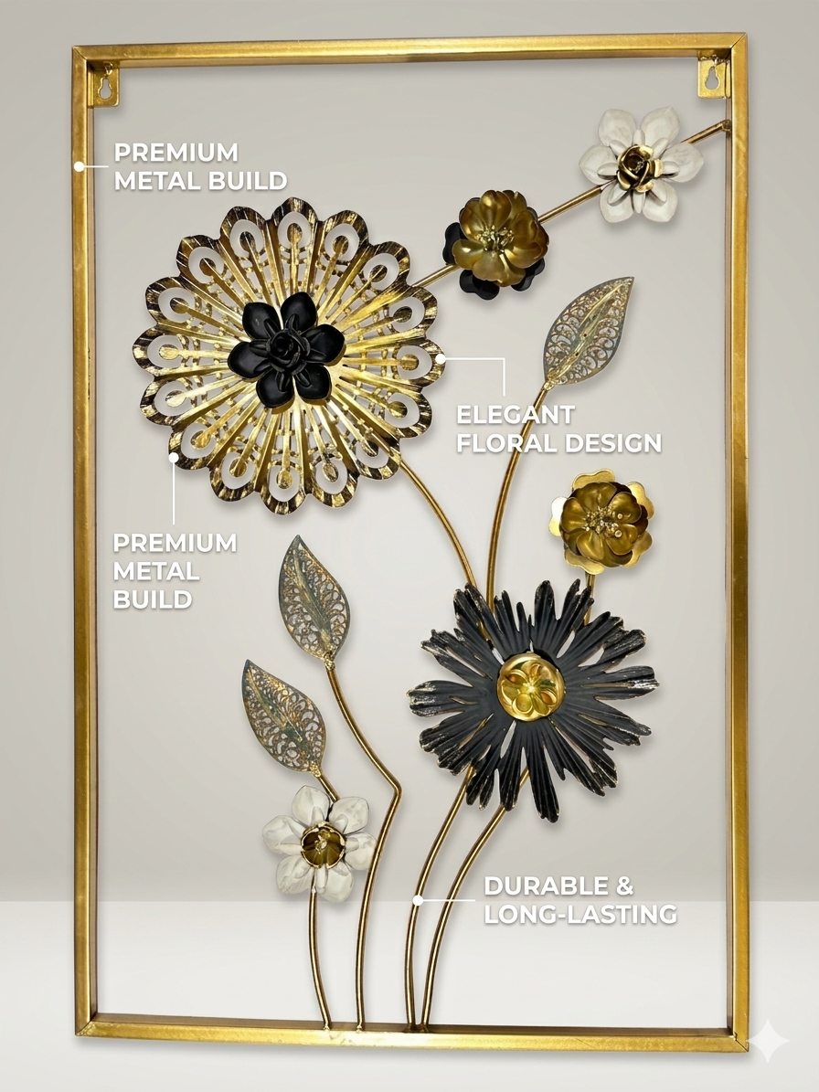 Luxury Metal Floral Wall Decor Frame – Black & Gold Premium Wall Art (23.5 x 16 Inches) - Image 3