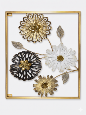Modern Metal Floral Wall Decor Frame – Gold, Black & White Flower Wall Art – Premium Rust-Resistant Wall Hanging (23.5 x 16 Inches)