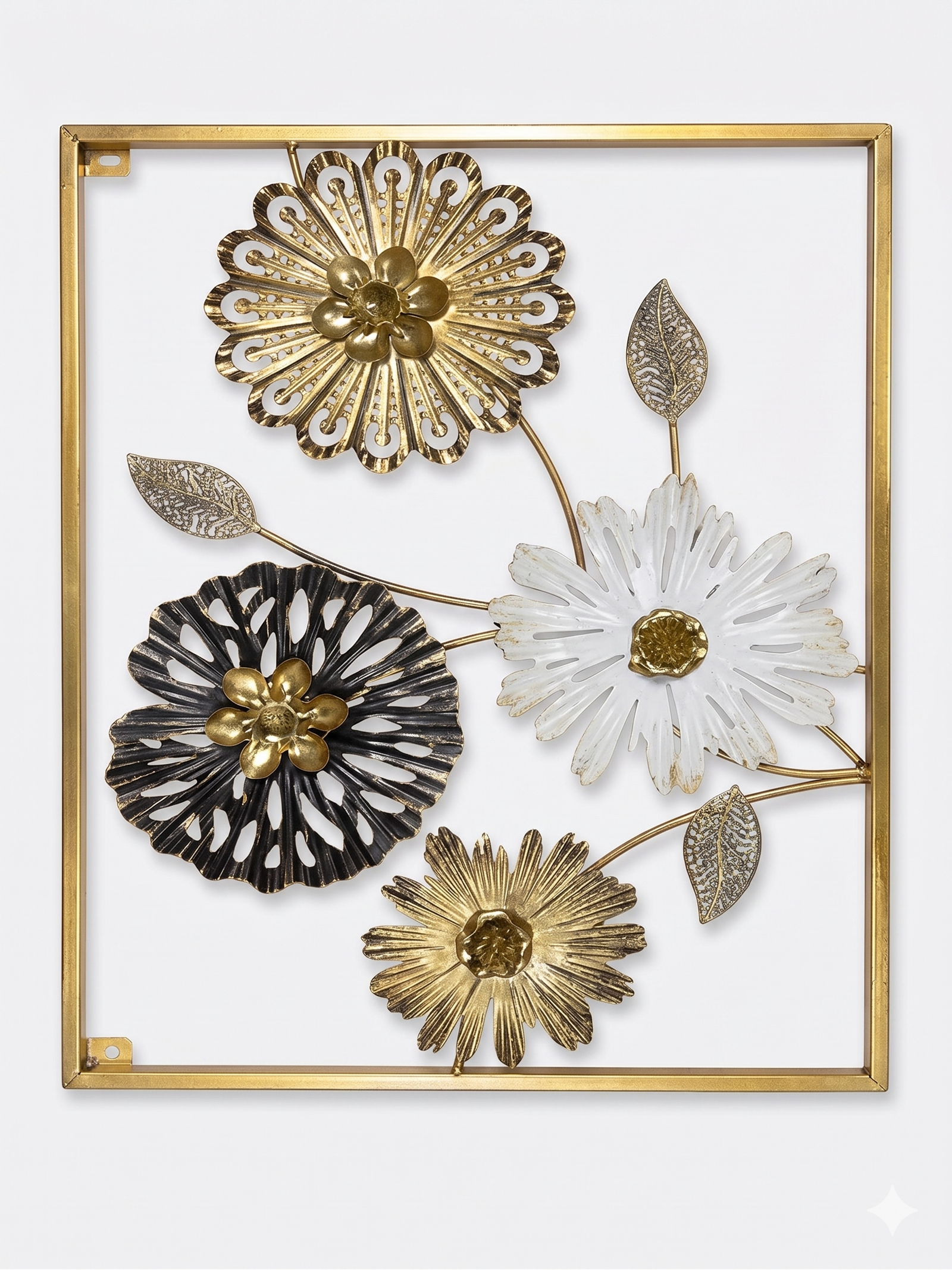 Modern Metal Floral Wall Decor Frame – Gold, Black & White Flower Wall Art – Premium Rust-Resistant Wall Hanging (23.5 x 16 Inches)