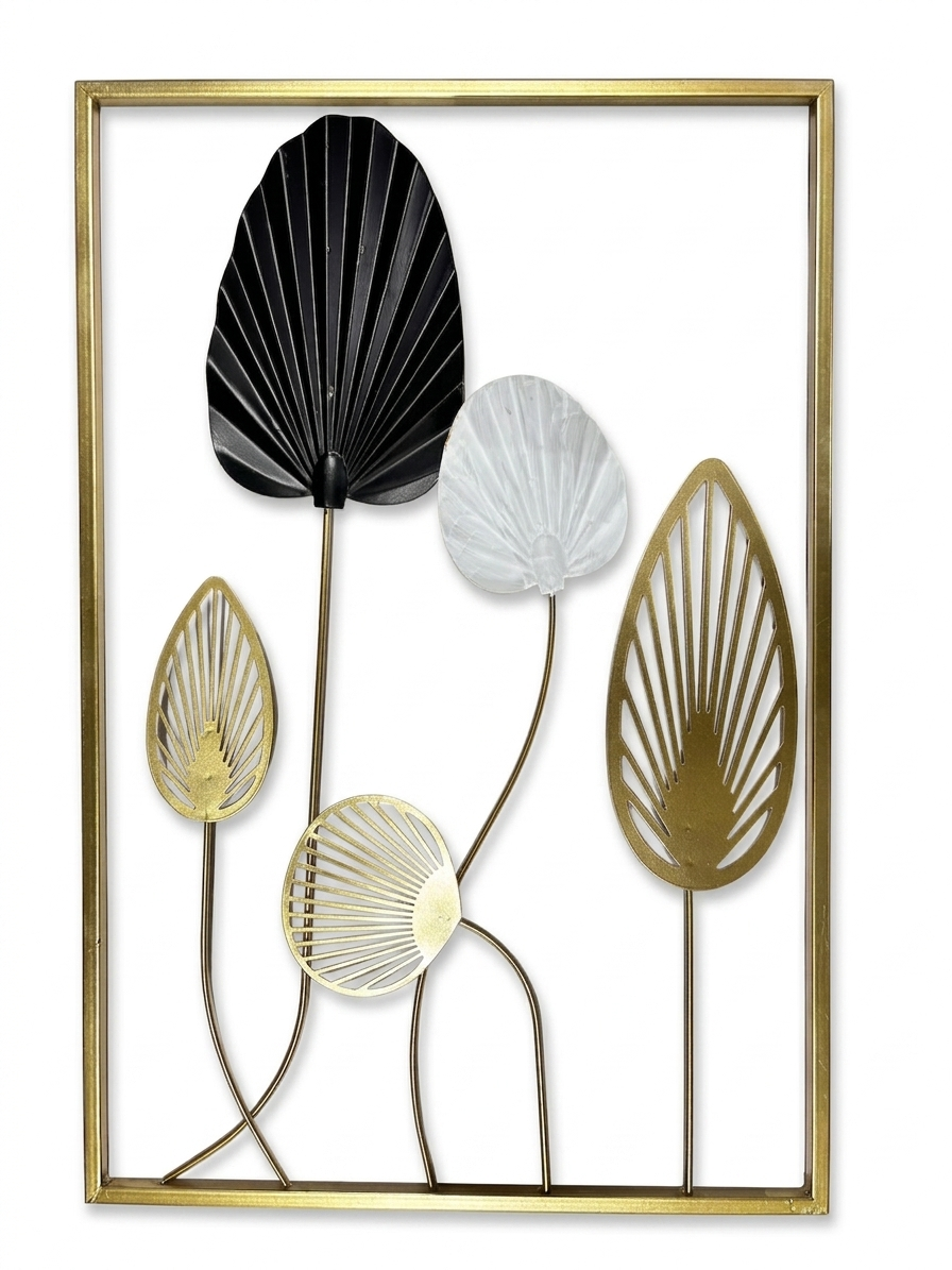 Modern Metal Leaf Wall Decor Frame – Black, Gold & White Botanical Art – Premium Rust-Resistant Wall Hanging (23.5 x 16 Inches)