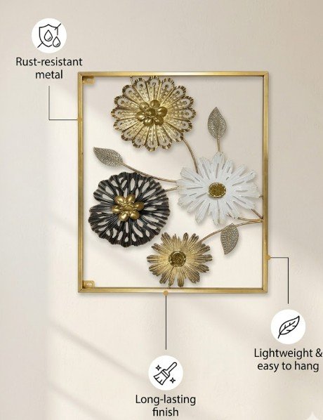 Modern Metal Floral Wall Decor Frame – Gold, Black & White Flower Wall Art – Premium Rust-Resistant Wall Hanging (23.5 x 16 Inches) - Image 3