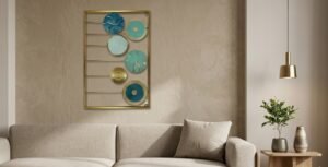 Modern Abstract Metal Wall Decor Frame – Blue & Gold Geometric Disc Wall Art – Premium Wall Hanging (23.5 x 16 Inches)