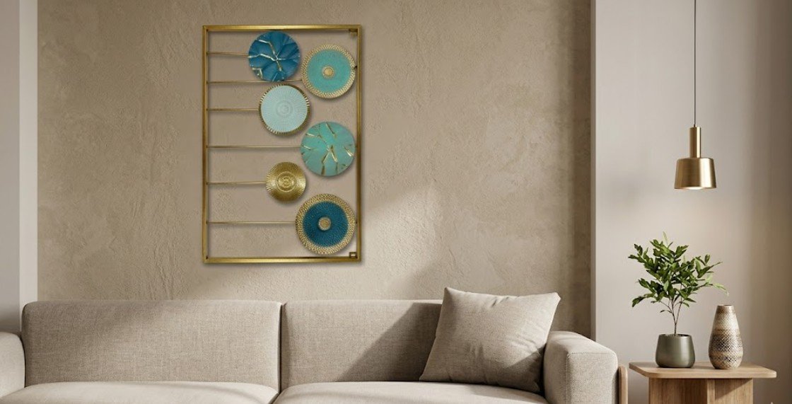 Modern Abstract Metal Wall Decor Frame – Blue & Gold Geometric Disc Wall Art – Premium Wall Hanging (23.5 x 16 Inches)