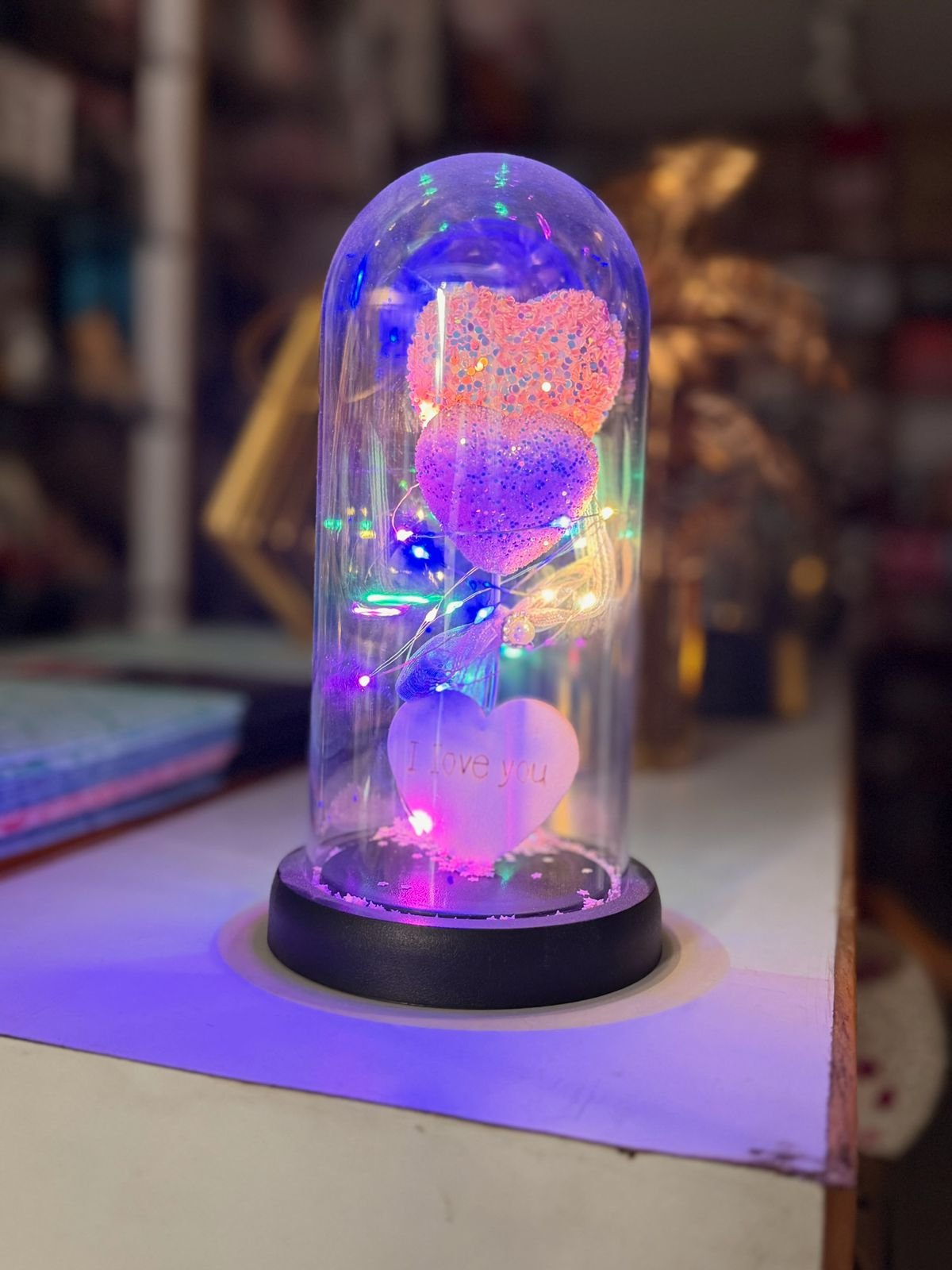Romantic LED Double Heart Rose Glass Dome Lamp with Multicolor Fairy Lights & “I Love You” Pendant – Gift for Valentine, Anniversary & Home Décor - Image 3