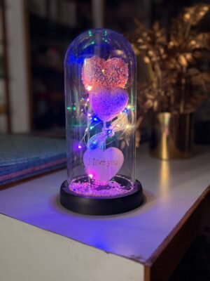 Romantic LED Double Heart Rose Glass Dome Lamp with Multicolor Fairy Lights & “I Love You” Pendant – Gift for Valentine, Anniversary & Home Décor