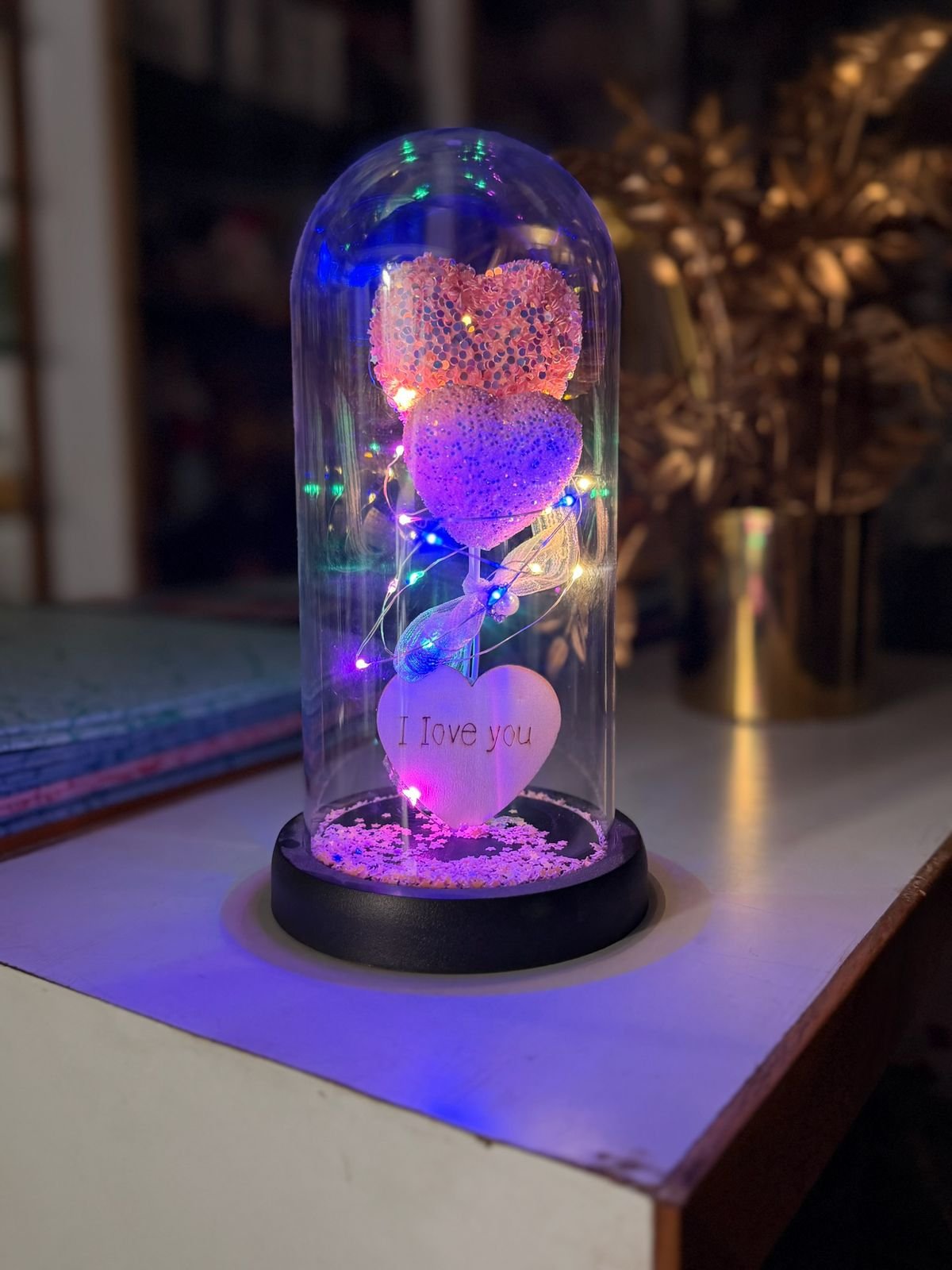 Romantic LED Double Heart Rose Glass Dome Lamp with Multicolor Fairy Lights & “I Love You” Pendant – Gift for Valentine, Anniversary & Home Décor