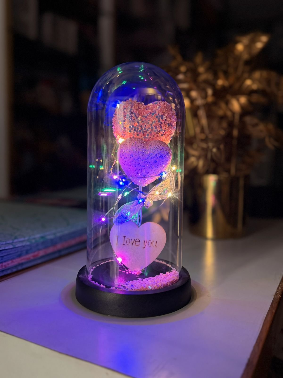 Romantic LED Double Heart Rose Glass Dome Lamp with Multicolor Fairy Lights & “I Love You” Pendant – Gift for Valentine, Anniversary & Home Décor - Image 4