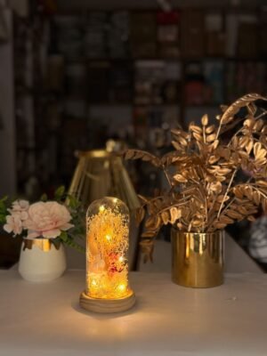 LED Floral Glass Dome Lamp with Warm Fairy Lights & Wooden Base – Decorative Night Light for Home Décor and Gifting