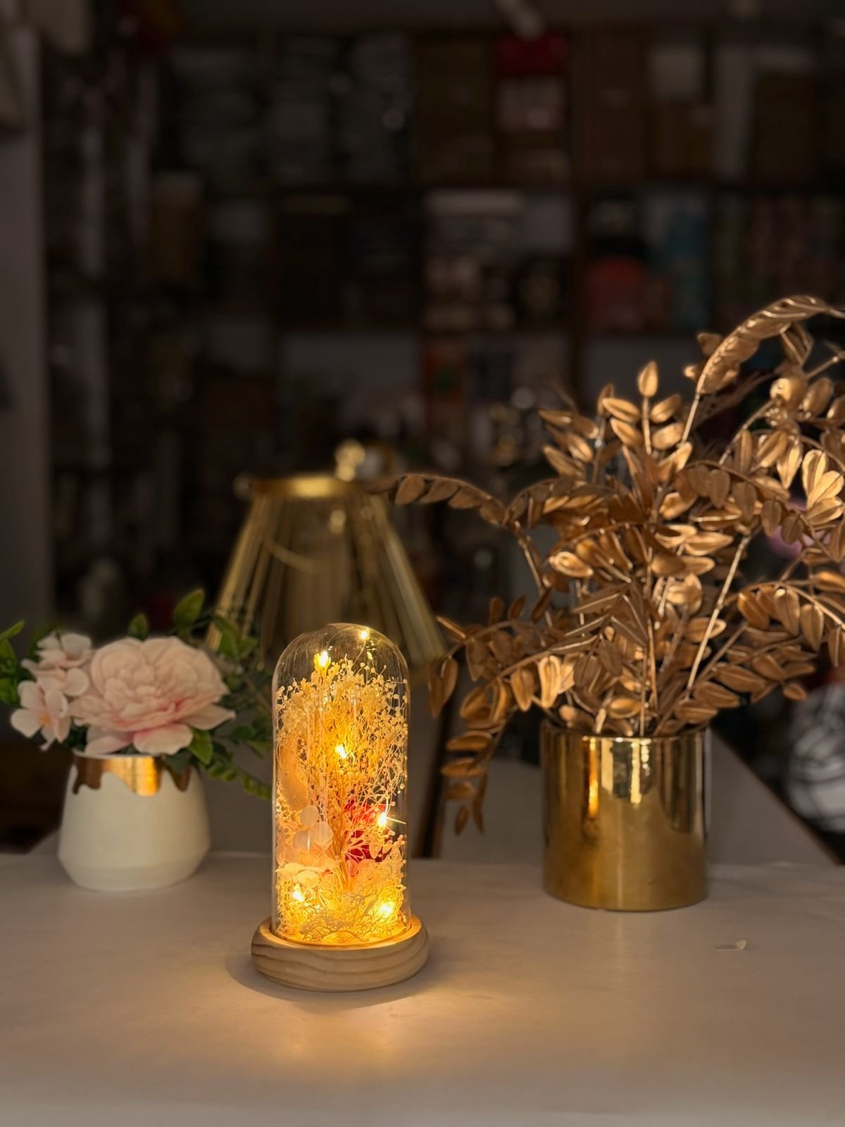 LED Floral Glass Dome Lamp with Warm Fairy Lights & Wooden Base – Decorative Night Light for Home Décor and Gifting